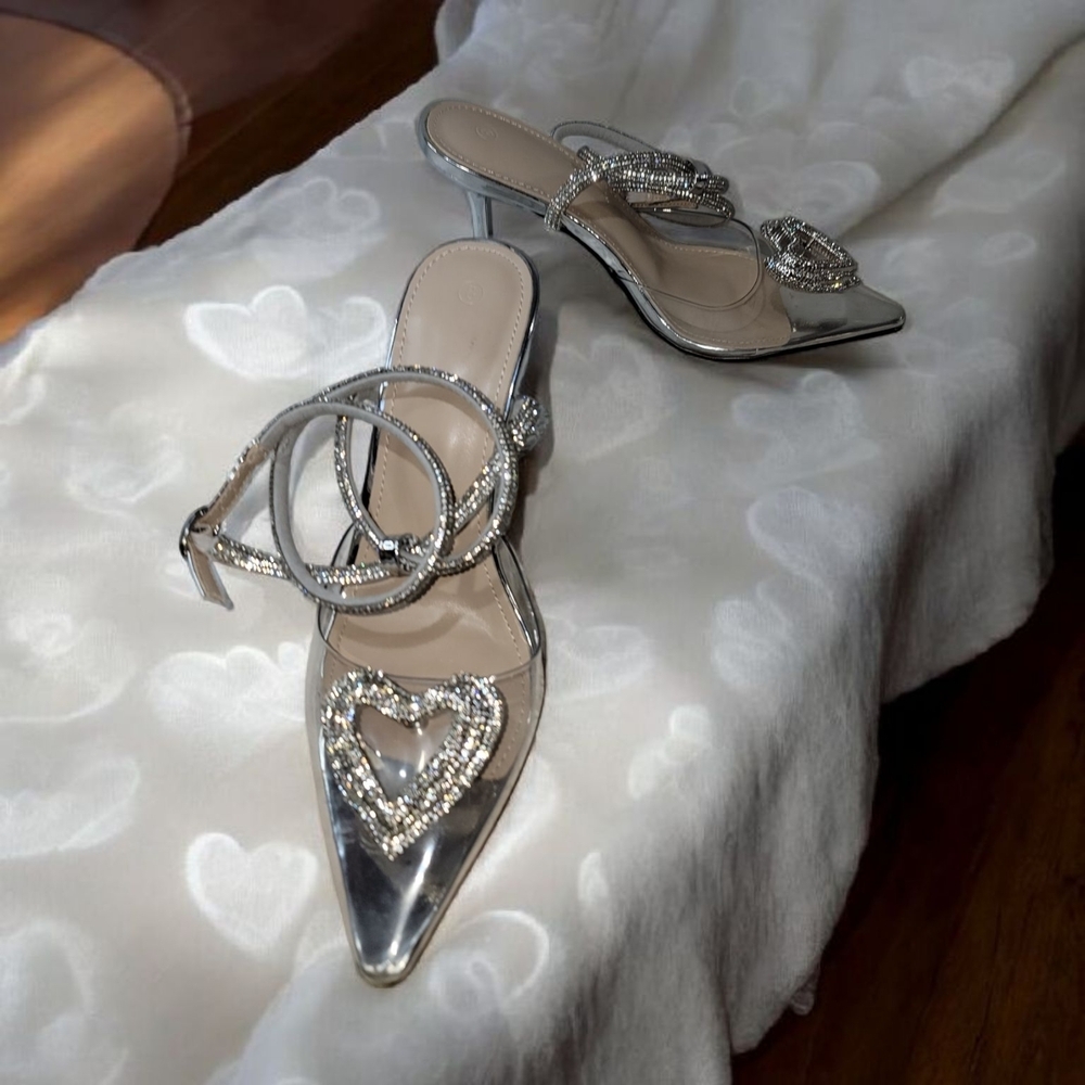 ZBY Woman's Silver Strappy Heels with Rhinestones Size 8 - Picture 4 of 8